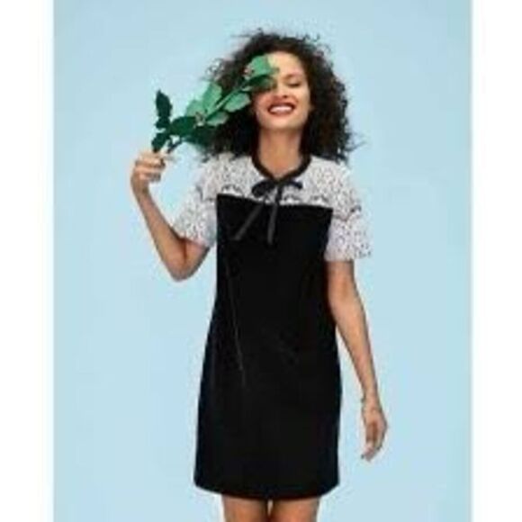 Draper James Women's M Velvet Lace Bow Cocktail Dress Black White Coquette Femme - Picture 1 of 12